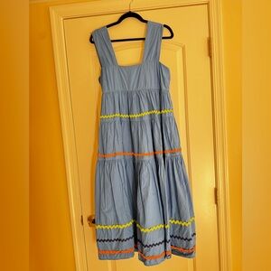 Anthropologie Blue Tiered Sundress with Yellow and Orange Trim